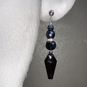 SS Post Stud Drop Black Coffin Dangle Earrings w Glass Beads Halloween themed